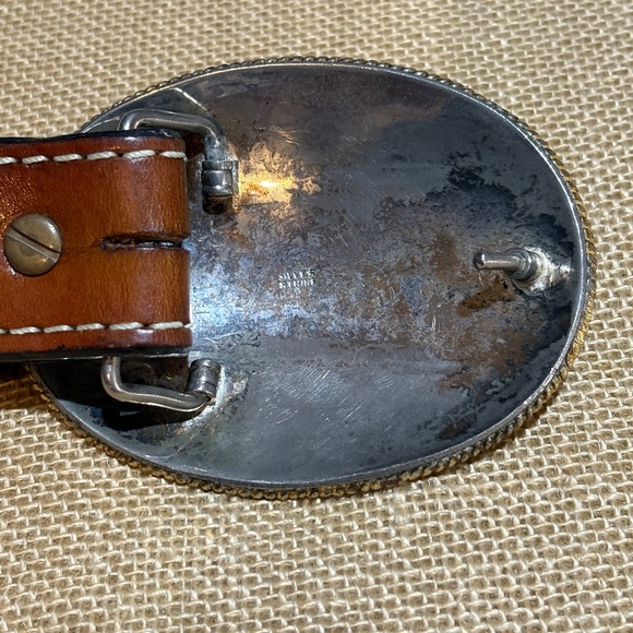 VTG Silver Plated? Western Belt Buckle on Brown Bonded leather Tooled Belt 34/36 - Picture 7 of 16